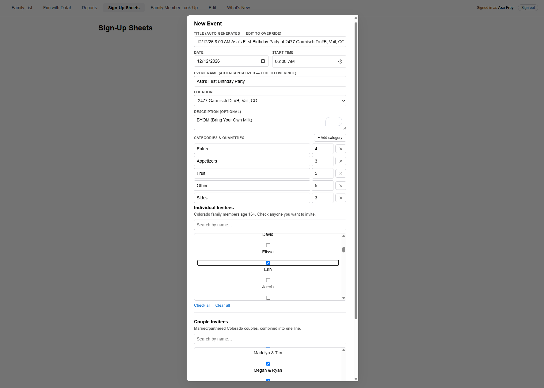 The New Event form filled in for Asa's First Birthday Party, with date, time, event name, location, food categories, and the invitee checklists.