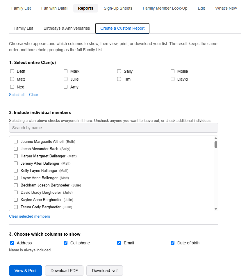 The Create a Custom Report tab, showing clan checkboxes, an individual member list, and column checkboxes.