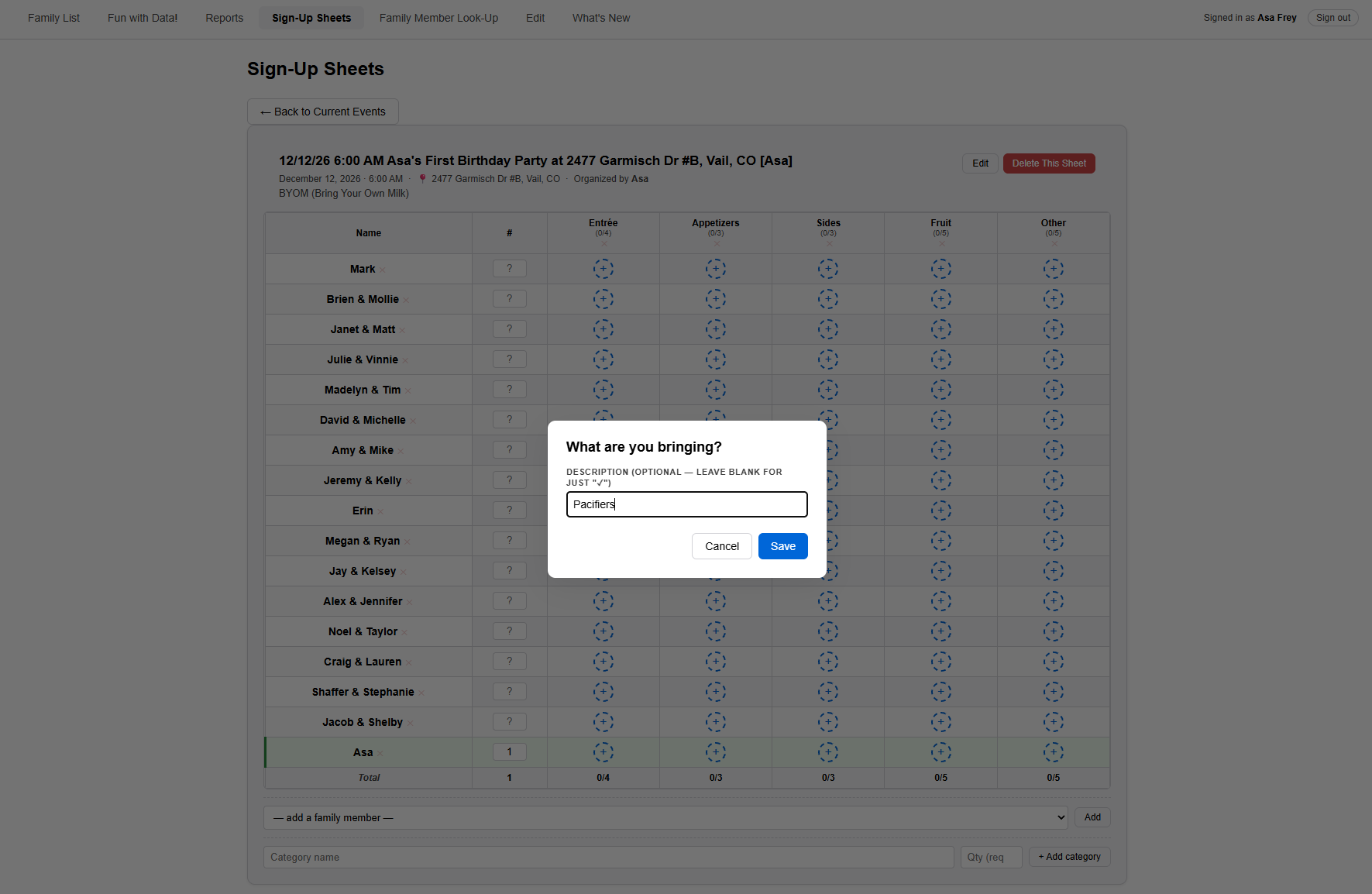 The 'What are you bringing?' pop-up with 'Pacifiers' typed in the description box.