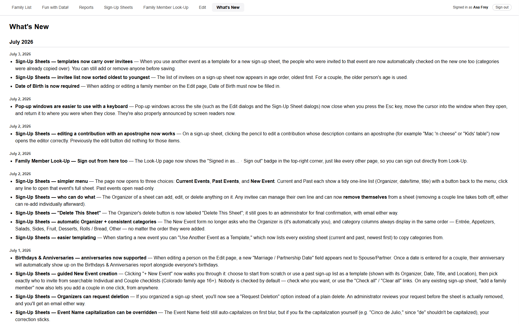 The What's New page listing recent updates by date, newest first.